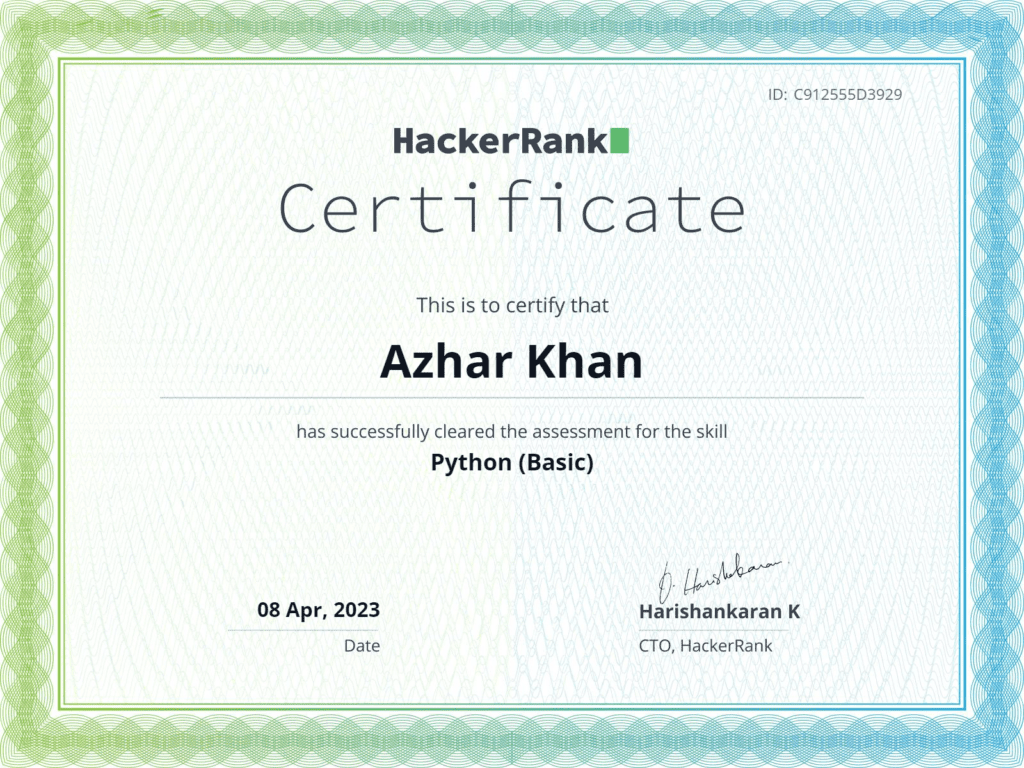 HackerRank Python Basic Certification - Azhar Khan