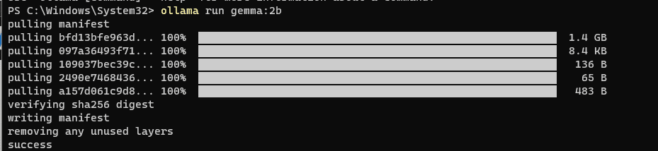 在Windows上使用Ollama下载Gemma 2B模型（其他操作系统的命令相同）