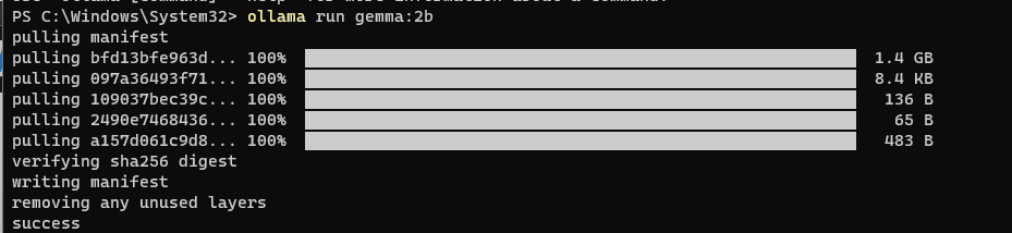 Downloading Gemma 2B model with Ollama on Windows (command is same for other operating system also)